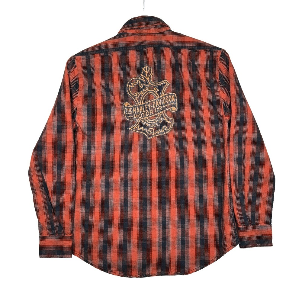 Women's Harley Davidson Flannel Button Up Shirt - Orange Black - XS - Wisconsin